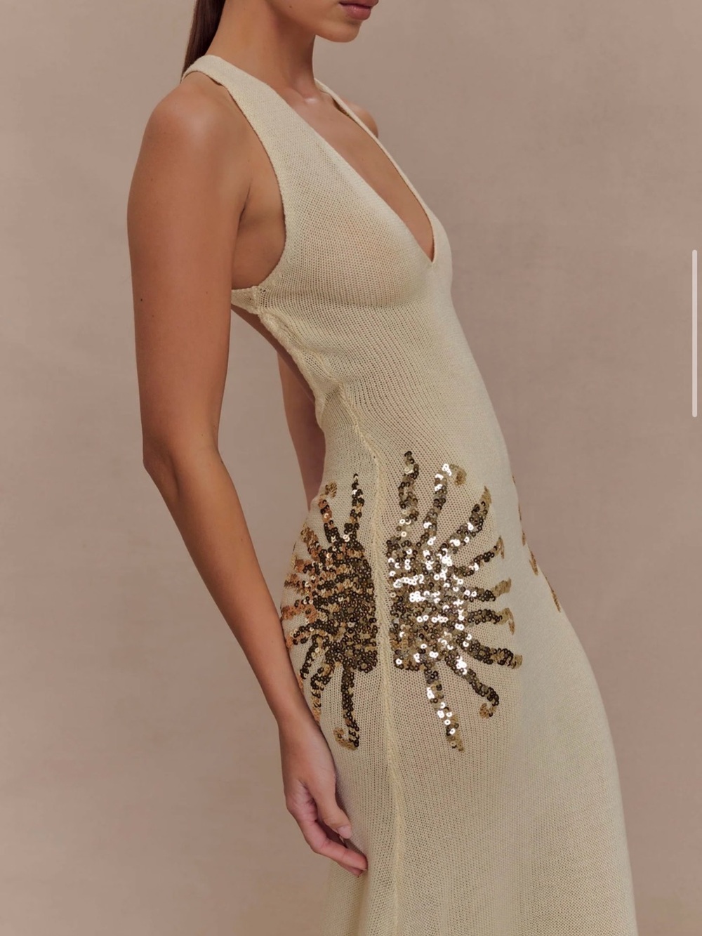 NWT! Meshki Cream Halter Maxi Dress with Sequin Sunburst Detail - Picture 3 of 3